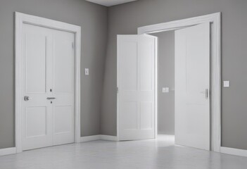 Crisp white door frames & doors, open/closed, minimalist setting ,  interior,  empty