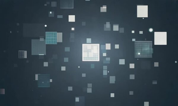 Abstract field of randomly blinking big pixels on a dark background, seamless loop. Motion. Squares with dim light flares appear and disappear.