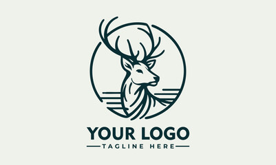 Elegant Line Art Illustration of a Deer Head with Antlers in Profile within a Circular Frame. Animal Illustration Concept