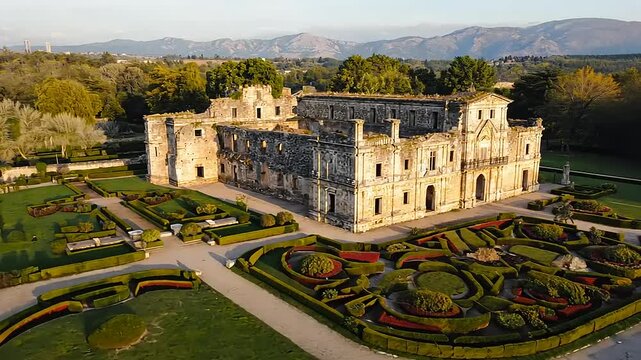 Aerial view of Certosa di Padula ruins in Campania Italy with beautiful garden