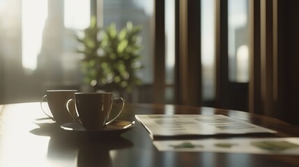 Cozy Morning Setup with Coffee Cups and Natural Light in Office