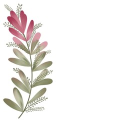 digital illustration of a stylized floral with shades of pink, red, and green on a white background. copy space.