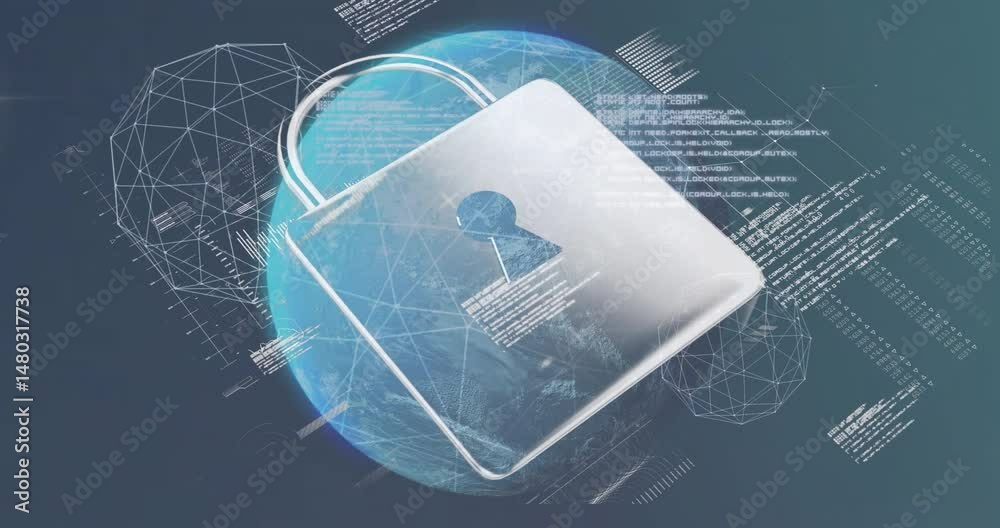 Poster it specialist monitoring cybersecurity with translucent padlock over globe and floating code shapes