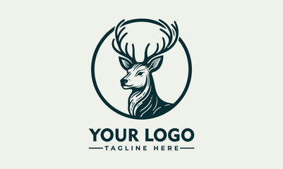 Elegant Line Art Illustration of a Deer Head with Antlers in Profile within a Circular Frame. Animal Illustration Concept