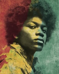 Portrait of thoughtful African American woman with afro hairstyle looking up in retro style with red yellow green colors