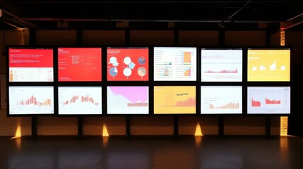 Data Visualization Wall with Colorful Charts and Graphs Display