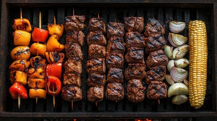 Grilled skewers with various vegetables and meat