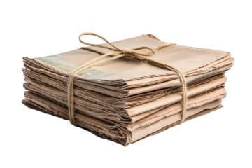 Stacked Vintage Newspapers Tied with Twine Old Papers Vintage Documents on transparent background