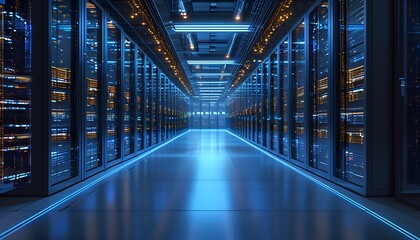 A realistic image of a futuristic data center with glass walled server pods, glowing fiber optic cables, and ambient blue lighting. The floor is sleek and polished, and digital displays show real time