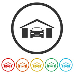 Garage doors black glyph icon. Set icons in color circle buttons