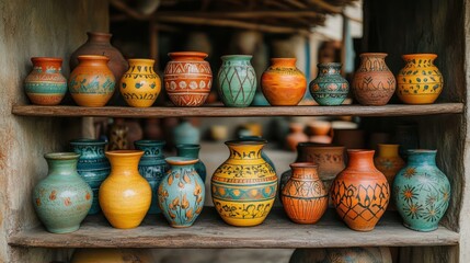 Hand-painted pottery displayed on wooden shelves