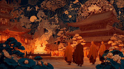 Buddhist Monks in Saffron Robes Perform a Tranquil Lantern-Lighting Ritual in a Temple Courtyard at Twilight, Rendered in Intricate Tibetan Thangka Painting Style