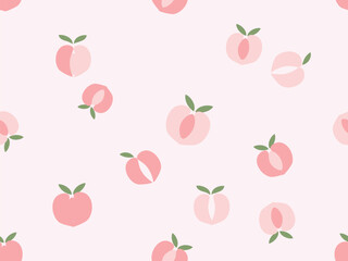 Seamless pattern of pink peach fruit with green leaves on pink background vector.
