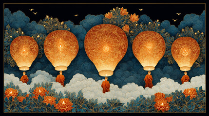 Buddhist Monks in Saffron Robes Light Lanterns During a Twilight Ritual in a Temple Courtyard, Captured in Vibrant Thangka Painting Style
