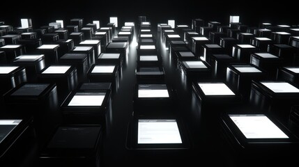 Obraz premium Futuristic Digital Grid of Illuminated Screens in Dark Environment