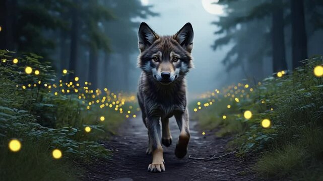 A wolf stands on a path in a dark forest with fireflies and a moon in the background at night