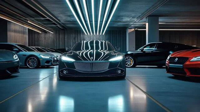 row of several cars parked inside illuminated parking garage with lights reflecting  on floor