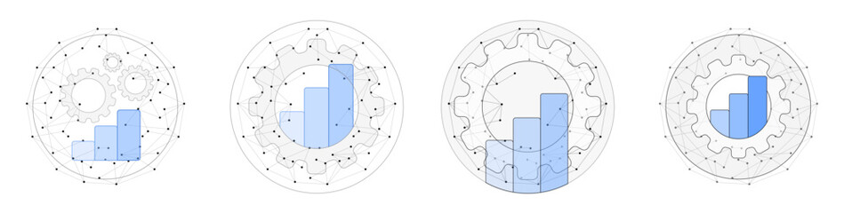 Connected web black dots in cloud and blue data visualisation for business intelligence, statistics, analytics, global data, graphs, KPI, insights - vector illustrations set for ad banners