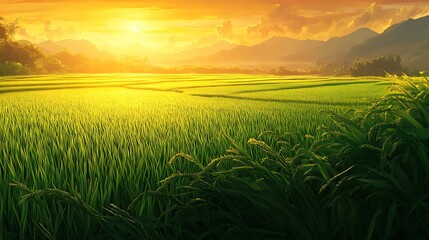 Golden Hour Rice Paddy: A breathtaking panoramic vista of a verdant rice paddy bathed in the golden light of a setting sun, with distant mountains adding to the picturesque scene.