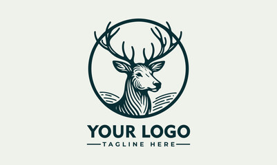 Elegant Line Art Illustration of a Deer Head with Antlers in Profile within a Circular Frame. Animal Illustration Concept