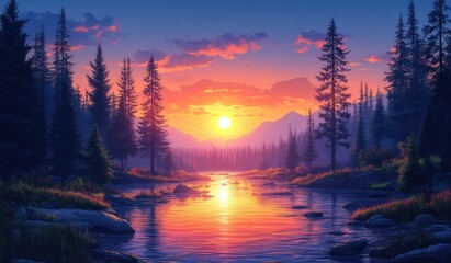 Fototapeta premium Serene Sunset Over Mountain River