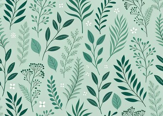  Abstract repeating pattern of minimalist plant silhouettes in darker green on a light green background, seamless vector look, flat texture, modern botanical wallpaper design.