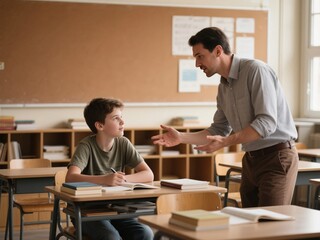 Teacher and student having a discussion in a classroom