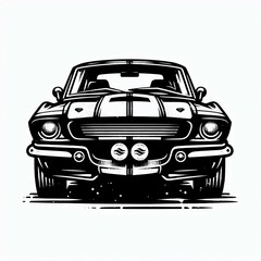 Classic Muscle Car Front View Black  White Illustration