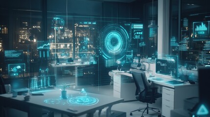 Futuristic Office Environment with Holographic Technology Displays