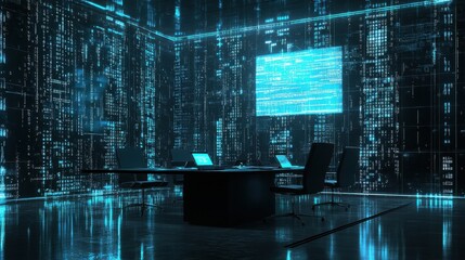 Futuristic Office Space with Digital Data Projection and Technology