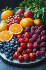 Vibrant array of fresh fruits and berries.  A colorful display of oranges, apples, grapes, raspberries, blueberries, and strawberries, arranged beautifully on a platter