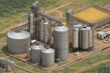 Modern Agricultural Storage :Yellow Cylindrical Silos with Advanced Technology in Wheat Field