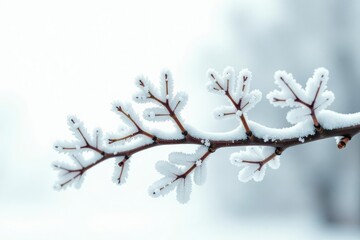 Snowy branch with delicate leaves isolated on white background, nature, botanical