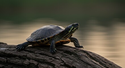 Naklejka premium Turtle on Log, Photo