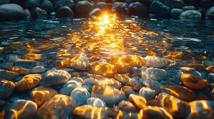 Fototapeta premium Golden sunset light reflecting on smooth river rocks underwater.