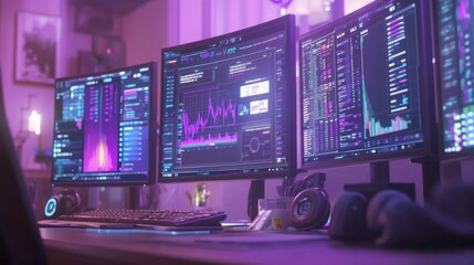 High-Tech Dual Monitor Setup in Colorful Gaming Room Interior