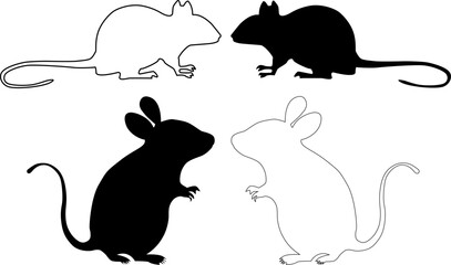 Mice Silhouettes in Black and White, rate silhouette , liner vector design, drawing a rat, set of rat