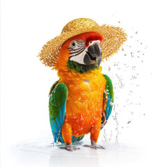 A colorful parrot wearing a straw hat, splashes water on a sunny day