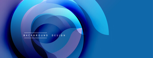 Abstract blue design features flowing layers, circular shapes, gradient colors. Modern aesthetic, dynamic composition.