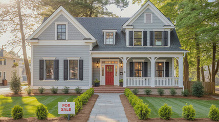 Front view of a newly built home with an attract exterior attracting potential buyers or renter 