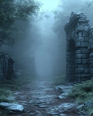 Misty path through ancient ruins
