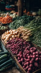 Fototapeta premium Fresh produce display at a vibrant outdoor market featuring carrots beans turnips radishes and cucumbers close up shot