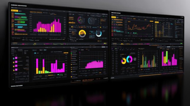 Modern Data Dashboard with Colorful Visualizations on Dark Background