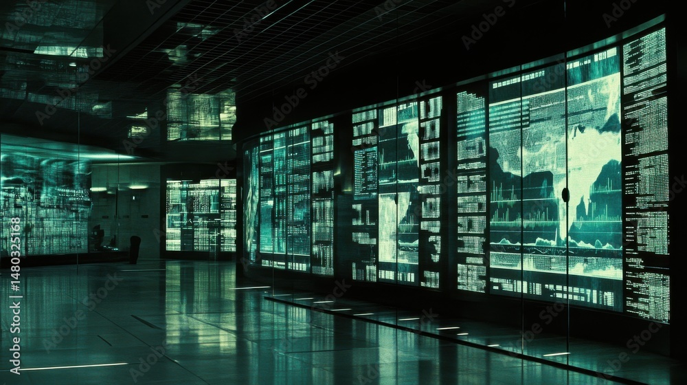 Poster modern data center with large screens and futuristic design elements