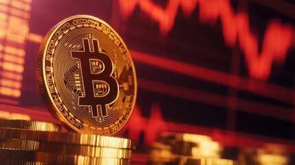 Golden Bitcoin Coin Stands Amidst Falling Cryptocurrency Graph Background