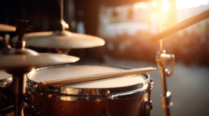 Fototapeta premium Close up of Drum Set with Sticks and Cymbals in Warm Light Studio Shot for Music Performance or Rock Band Concert