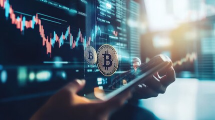 Hands Holding Smartphone with Bitcoin Graph and Cryptocurrency Market
