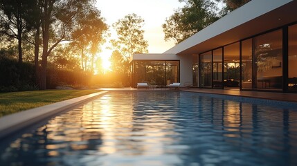Obraz premium Sunset view of modern house with infinity pool and lush garden.