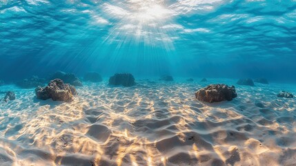 Sunlight beams through crystal-clear turquoise ocean water, illuminating a sandy ocean floor dotted with coral formations