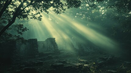 Sunbeams pierce misty forest ruins